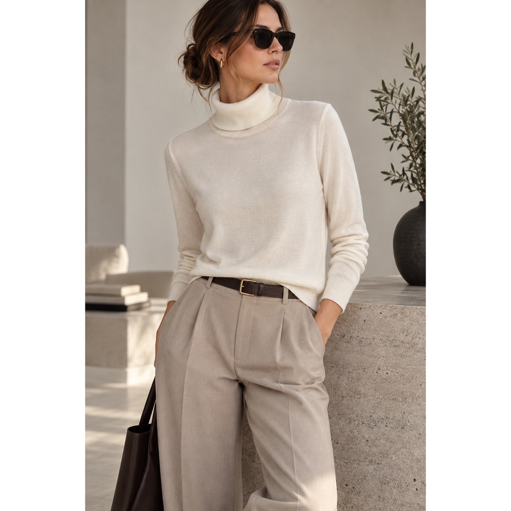 Banana Republic Silk Cashmere Turtleneck Sweater Cream Minimalist Quiet Luxury M